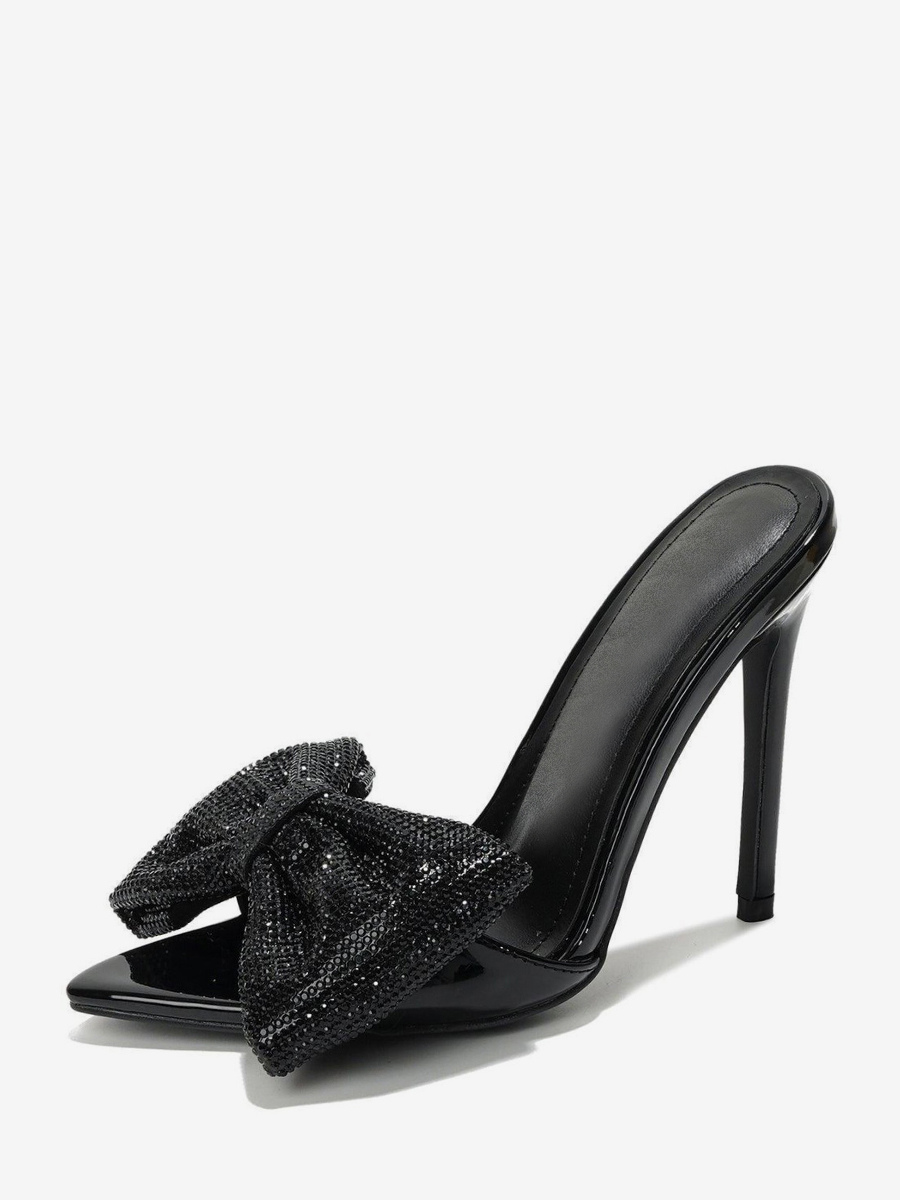 High Heel Mules Rhinestones Bow Open Toe Backless Stiletto Heel Pumps