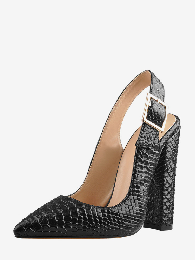 Black High Heels Chunky Heel Snake Pattern Pointed Toe Slingback Pumps