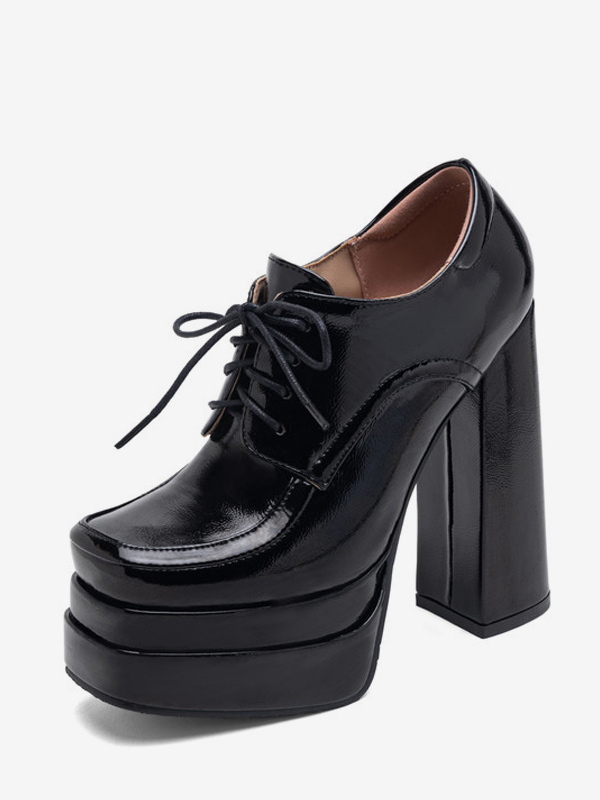 Black Platform Loafers Square Toe Lace Up Chunky Heel Pumps