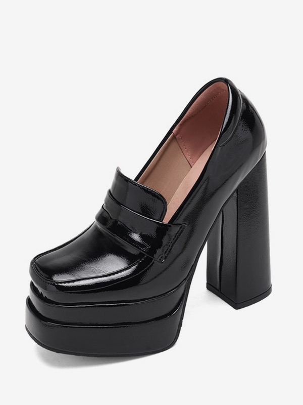 Women's Black Loafers High Heel Platform Suqare Toe Slip On Pumps