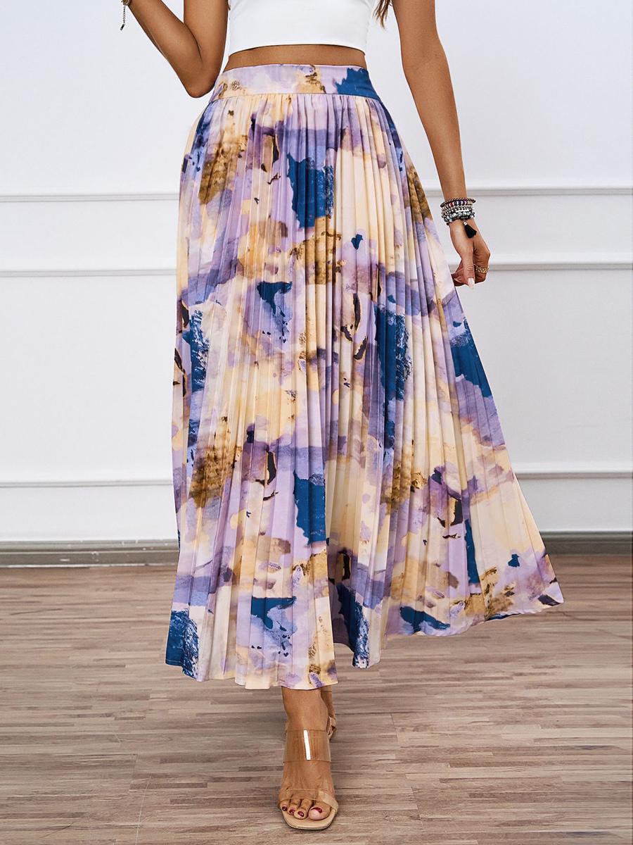 Artistic Print Pleated Maxi Skirt For Women