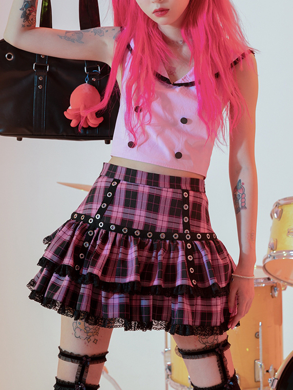 Lolita Skirt Plaid Layered Lace Trim Mini Skirt