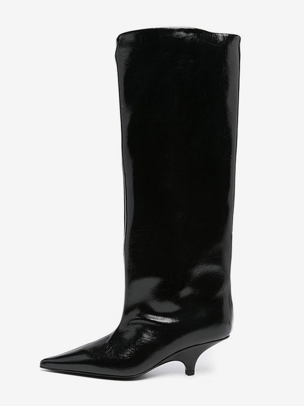 Black Knee High Boots Kitten Heel Pointed Toe Women's Boots