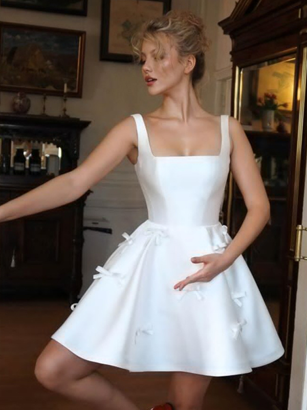 Short Wedding Dress Short Square Neck Sleeveless Princess Silhouette Natural Waist Satin Fabric Bridal Dresses
