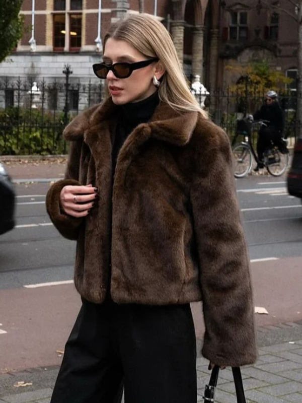 Eco-friendly Faux Fur Jacket With Classic Lapel For Women