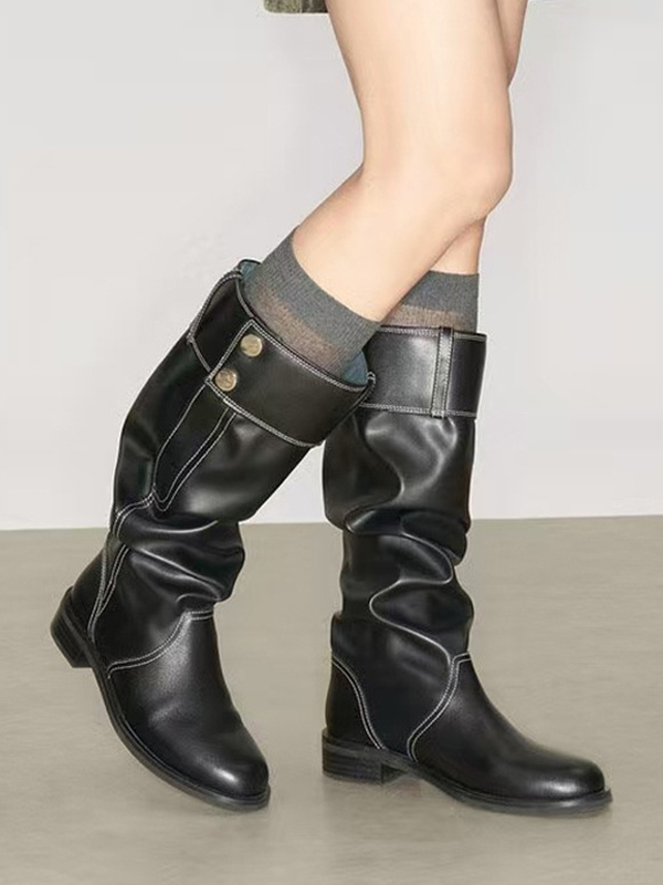 Black Flat Boots Women's Round Toe Buckle Detail Designed Knee High Boots