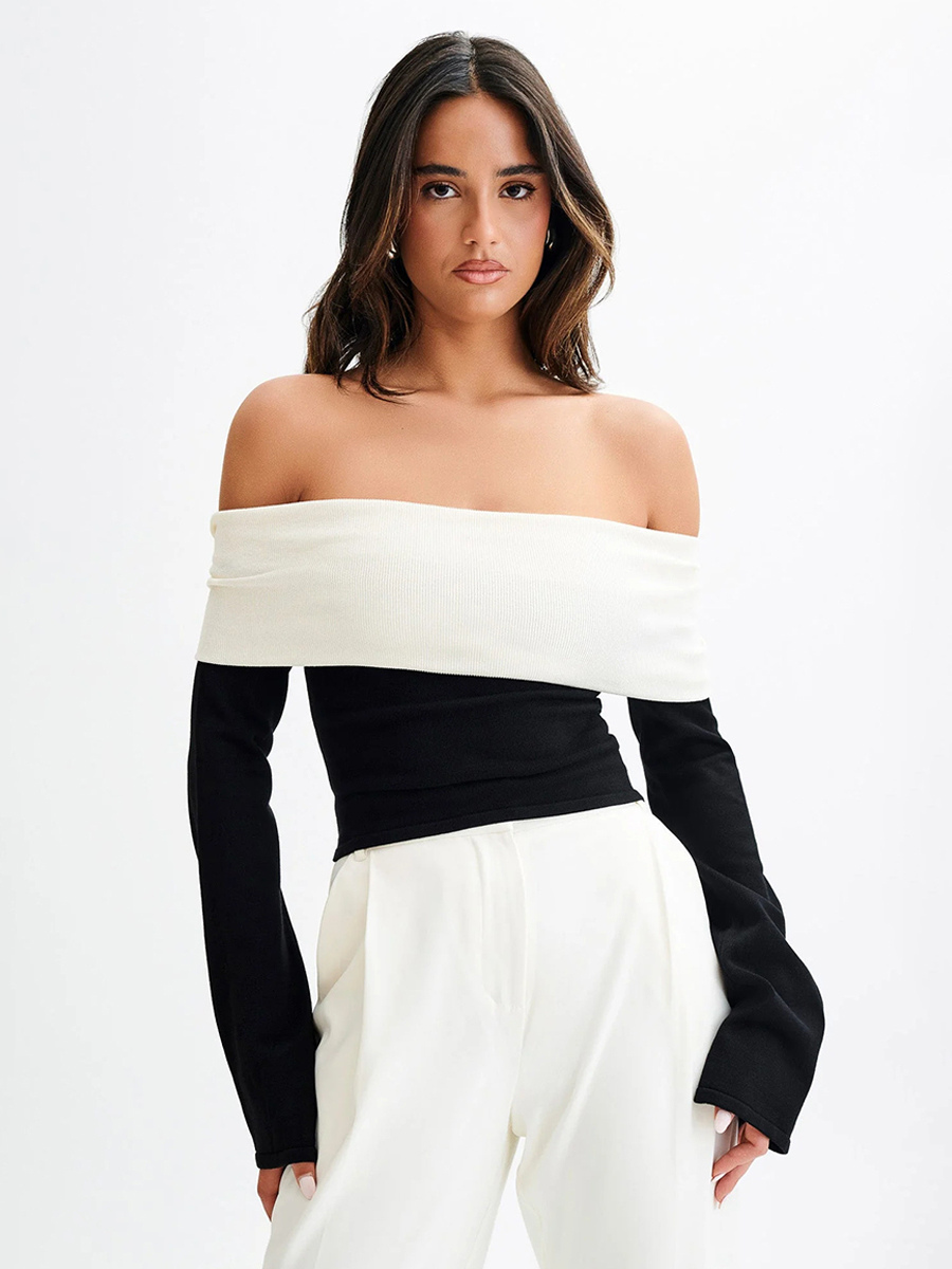 Off Shoulder Two Tone Color Block Knit Long Sleeve Top For Women