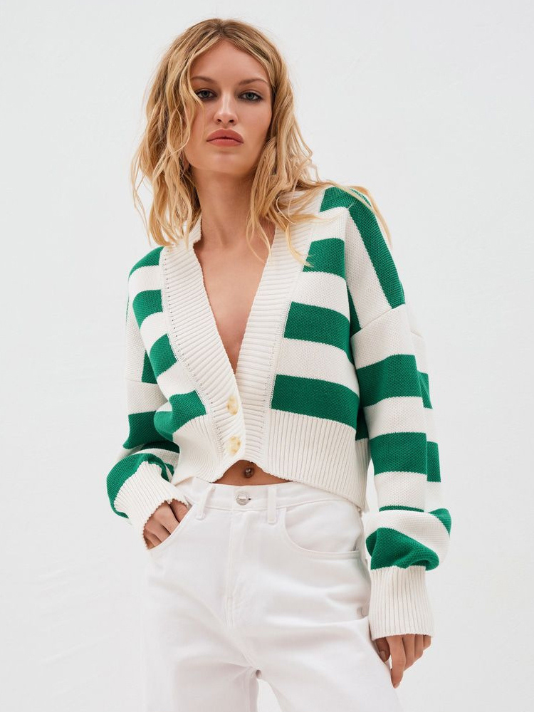 Striped V-Neck Crop Cardigan Knit Button Up Sweater For Women