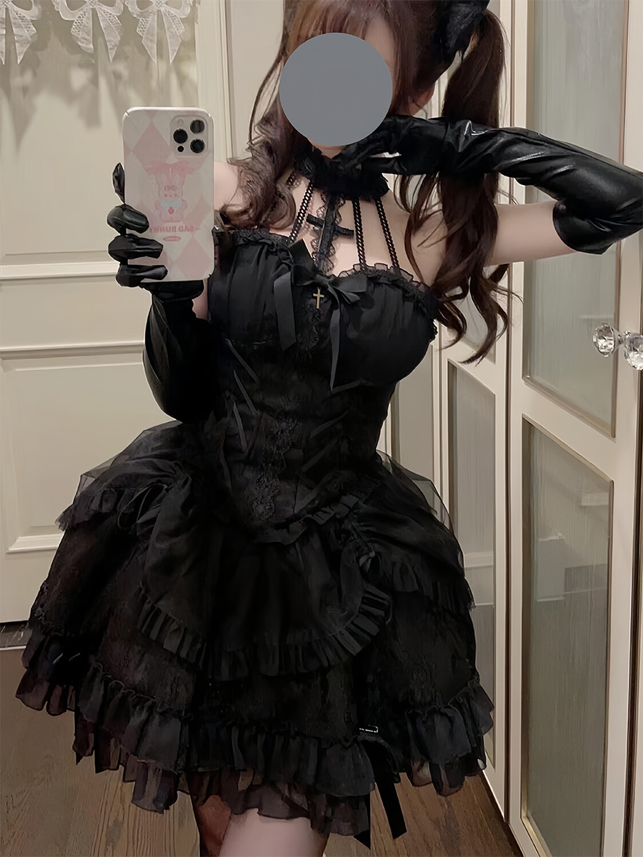 Gothic Black Lolita Dresses Multi Layers Ruffles Halter Gothic Dress