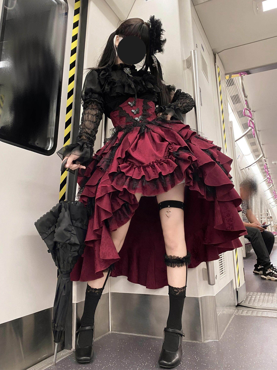 Gothic Lolita Skrit Dresses Corset Waist Design Red Ruffles Lolita Skirt