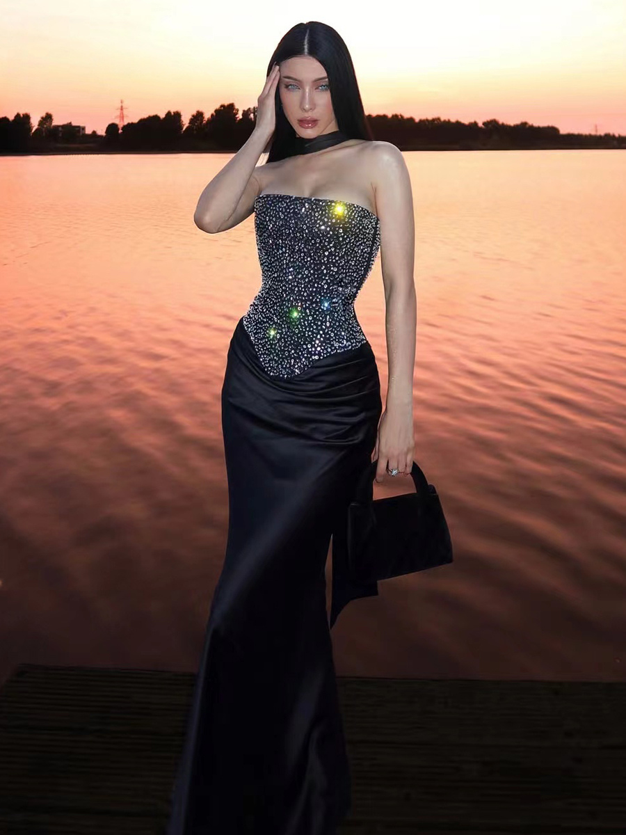 Rhinestone Lace Up Back Corset And Long Skirt Party -Piece Set For Women