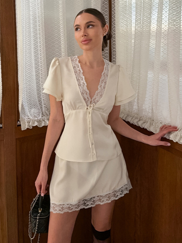 Satin Lace Trim V-Neck Tie Front Top And Mini Skirt -piece Set For Women