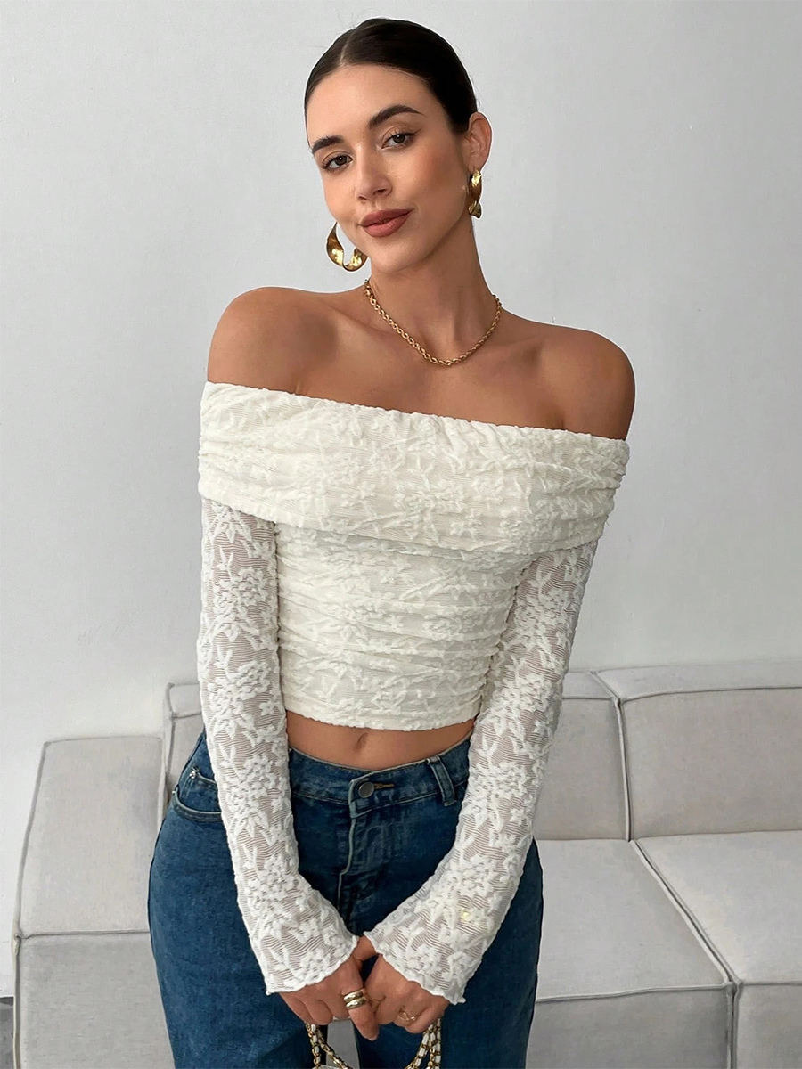 Off Shoulder Floral Lace Long Sleeve Ruched Slim Fit Top For Women