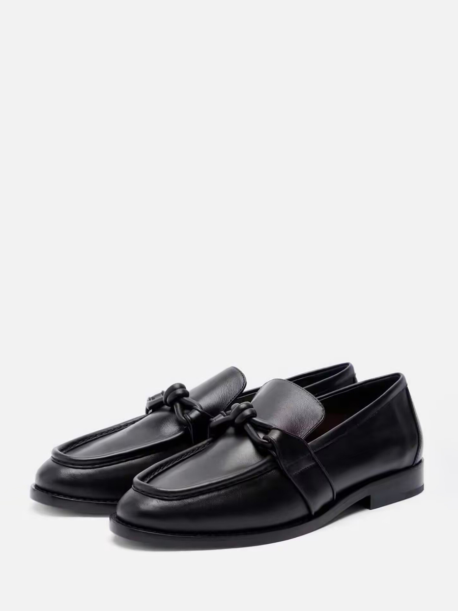 Black Women's Loafers Geniue Leather Knotted Slip On Flat Shoes