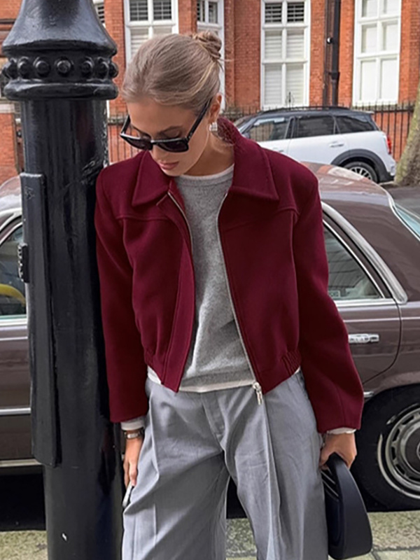 Burgundy Red Women's Cropped Jacket - Chic Turn Down Collar Zip Up Elastic Hem - Spring Casual Streetwear