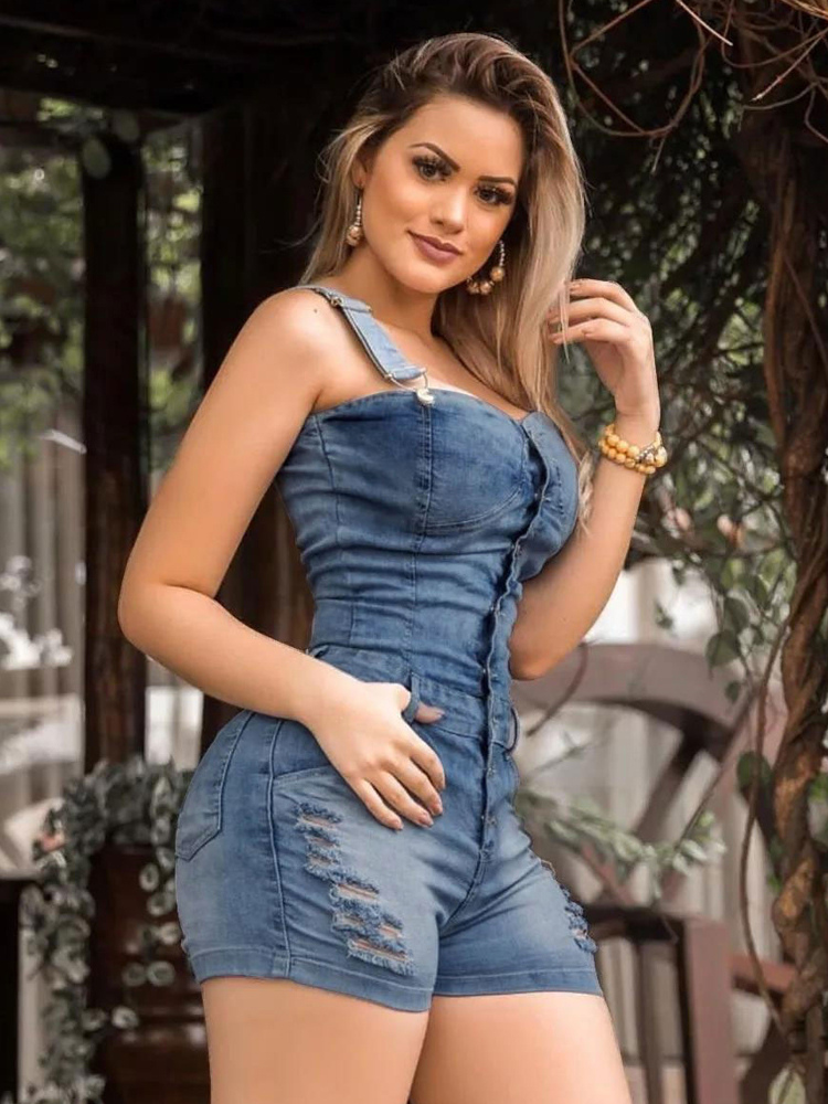 Slim Fit Denim Romper For Women - Blue Sexy Button Up Distressed Ripped Jean Jumpsuit Shorts - Summer Outdoor Party