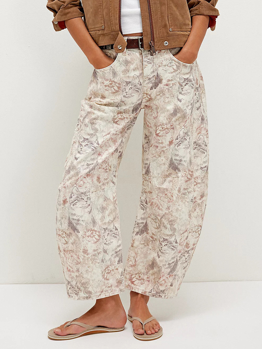Cat Print Barrel Jeans For Women - Neutral Beige Retro Horseshoe Wide Leg Denim Trousers - Spring Casual Streetwear
