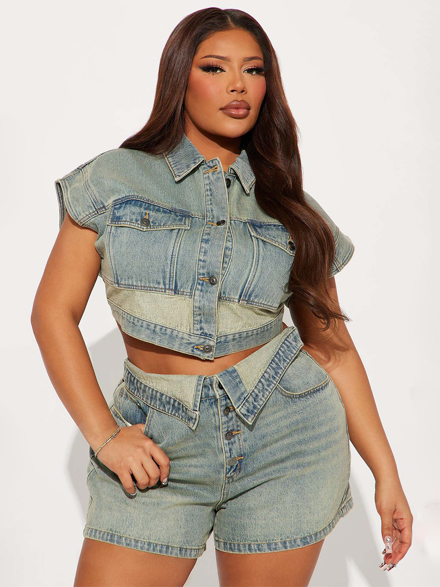 Denim Piece Set For Women - Wash Blue YK Crop Top And Foldover Waist Shorts - Summer Streetwear