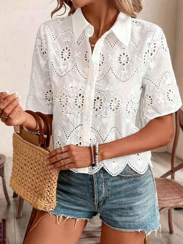 Blouse For Women White Buttons Cut Out Turndown Collar Casual Half Sleeves Tops