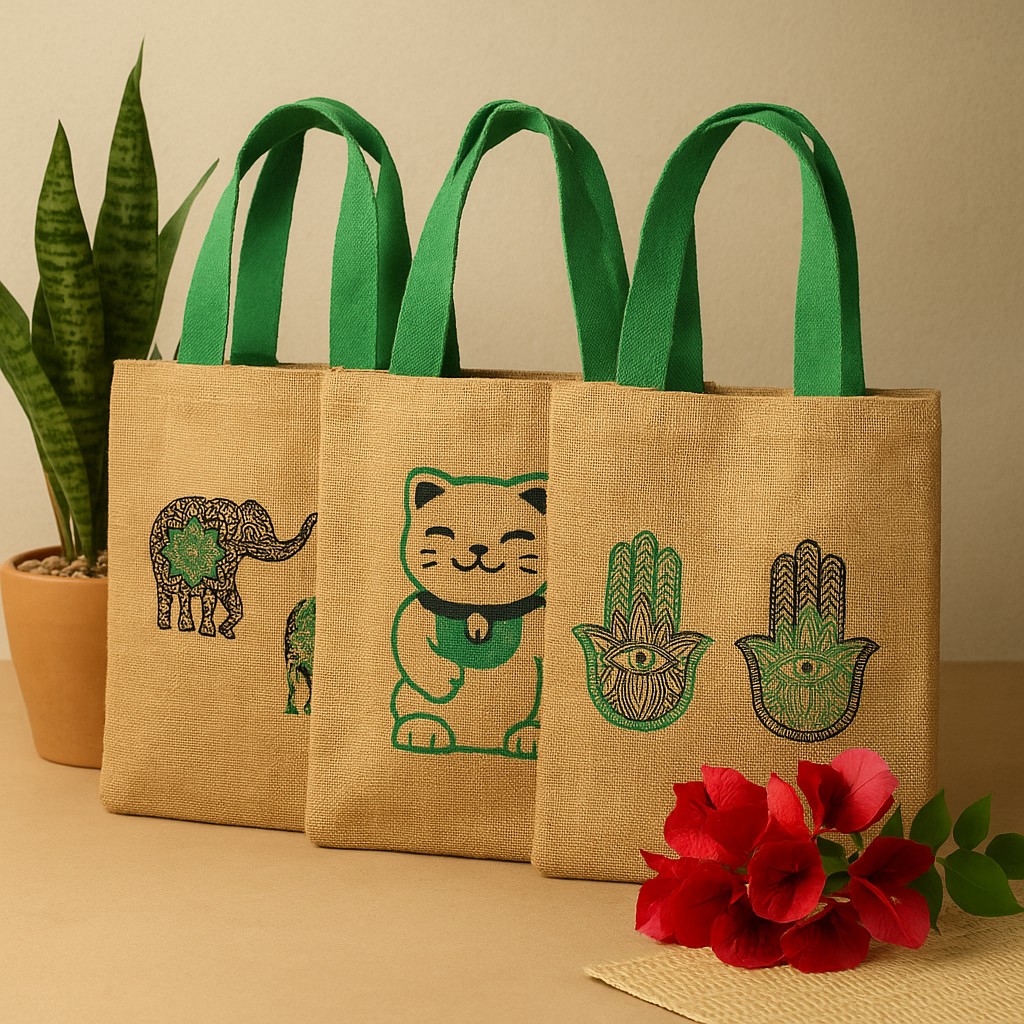Large Jute Tote Bag, Elephant Mandala