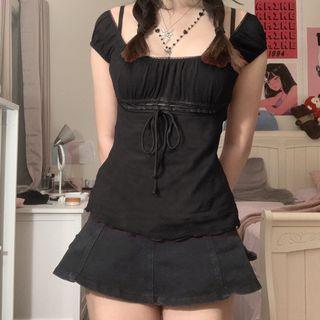 Short Sleeve Off Shoulder Plain Lace Panel Tie-Front Sheer Top Black