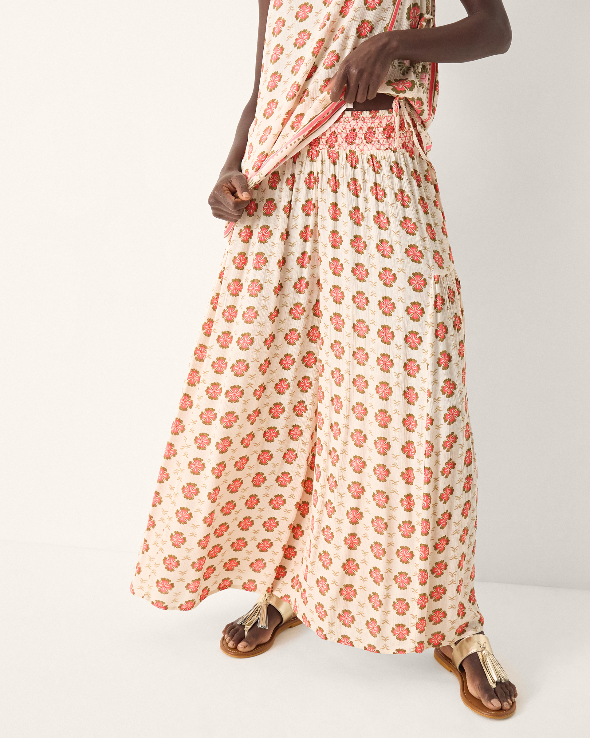 Maddie Floral Print Wide Leg Trousers Ivory