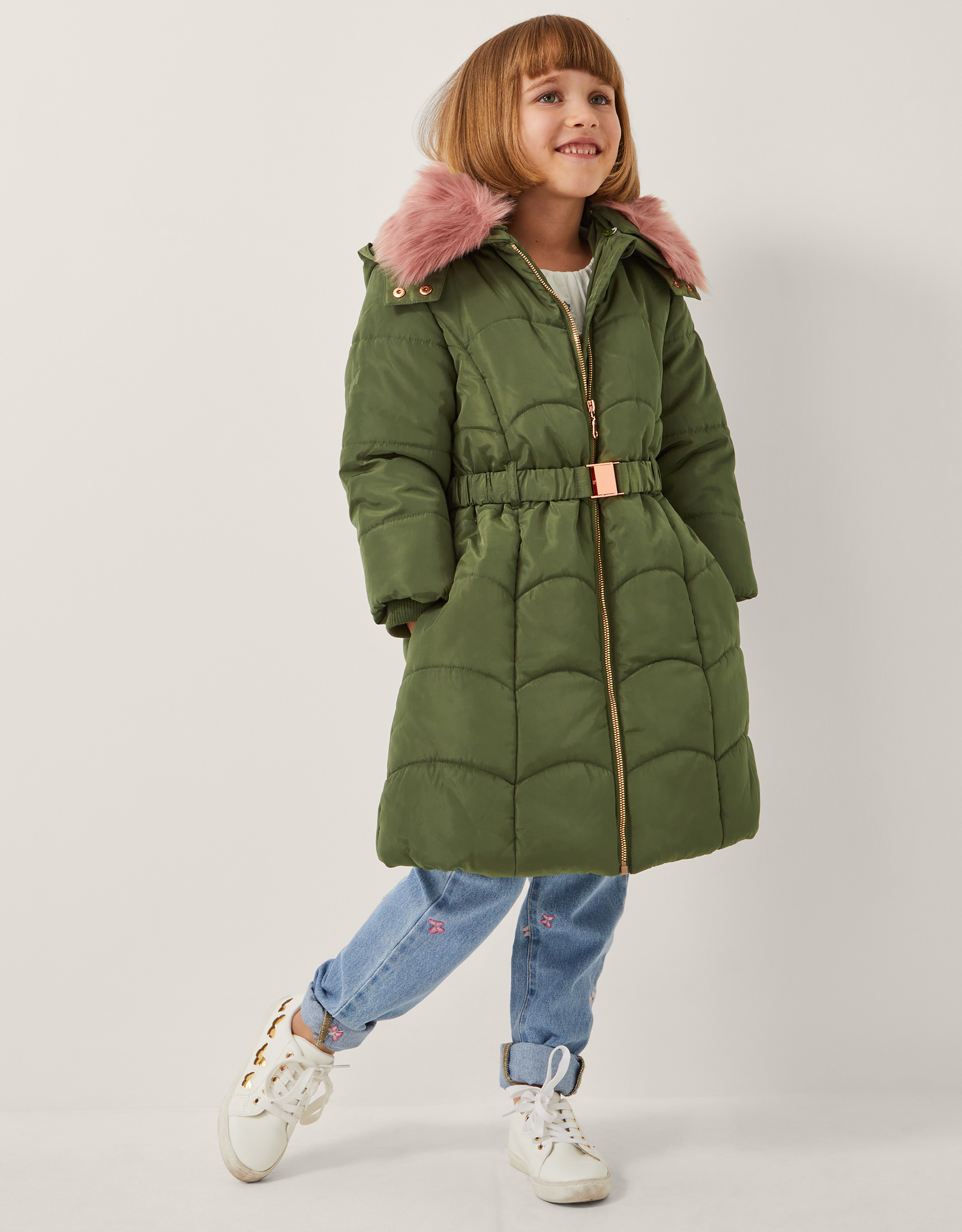 Belted Scallop Puffer Coat Green