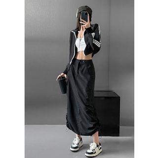 High-Waist Drawstring-Side Cargo Maxi Skirt Black