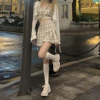 Plaid Cropped Camisole Top High Waist Mini A-Line Skirt Bolero Camisole Top - Plaid - Light Khaki