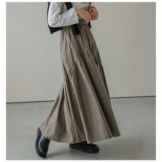 Elastic Waist Plain Tiered Maxi A-Line Skirt Brown