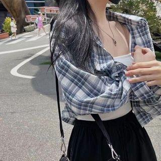 Long-Sleeve Button-Up Plaid Crop Blouse Plaid - Blue