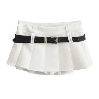 Low Waist Plain Mini Pleated Skirt White