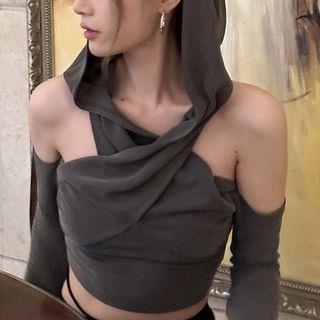 Long Sleeve Cold-Shoulder Hooded Plain Crop Top Gray