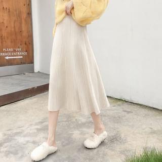 High Waist Plain Ribbed-Knit Midi A-Line Skirt Almond