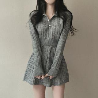 Set: Long-Sleeve Cable Knit Polo Top + Mini A-Line Skirt Light Gray