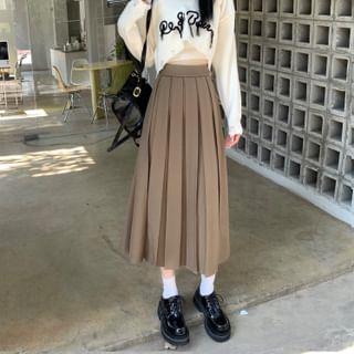 High Waist Plain Accordion Pleated Midi A-Line Skirt Khaki