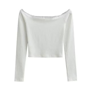 Long Sleeve Off-Shoulder Lace-Trim Plain Slim-Fit Crop Top White