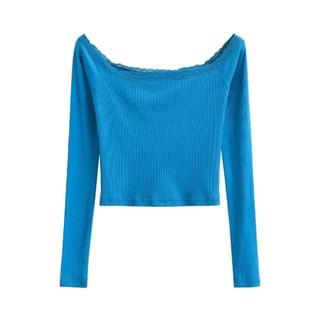 Long Sleeve Off-Shoulder Lace-Trim Plain Slim-Fit Crop Top Blue