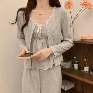 Pajama Set: V-Neck Lace Trim Shirred Camisole Top + Pants + Button-Up Jacket T - Set - Plain - Gray
