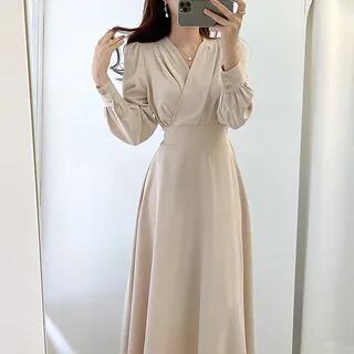 Long-Sleeve V-Neck Plain Midi A-Line Dress Almond