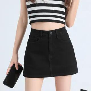 High Waist Washed Denim Mini Pencil Skirt Black