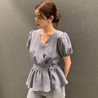 Puff-Sleeve V-Neck Plain Peplum Blouse Blue