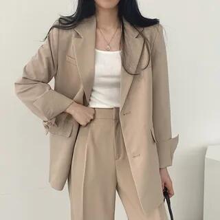 Lapel Collar Plain Single-Breasted Blazer High Waist Wide Leg Dress Pants Blazer - Coffee
