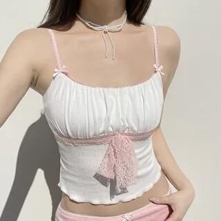 Lace-Trim Open-Back Ruched Crop Camisole Top White