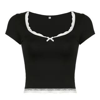 Short Sleeve Long Sleeve Square-Neck Lace-Trim Plain Slim-Fit Crop Top Black