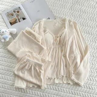 Pajama Set: Long-Sleeve Plain Button Top + Padded Camisole + Pants + Shorts - Set Of - Top & Padded Camisole & Pants & Shorts - Plain - Almond