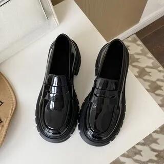 Platform Chunky Heel Loafers Patent - Black