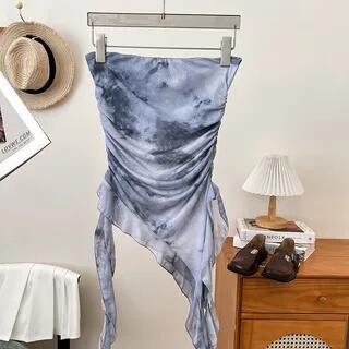 Tie Dye Asymmetrical Ruffle Trim Ruched Mesh Tube Top Grey