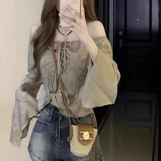 Bell Sleeve Off-Shoulder Tie-Front Ruffled-Hem Crop Top Gray
