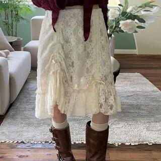 Low Waist Lace See-Through Drawstring A-Line Skirt Nude